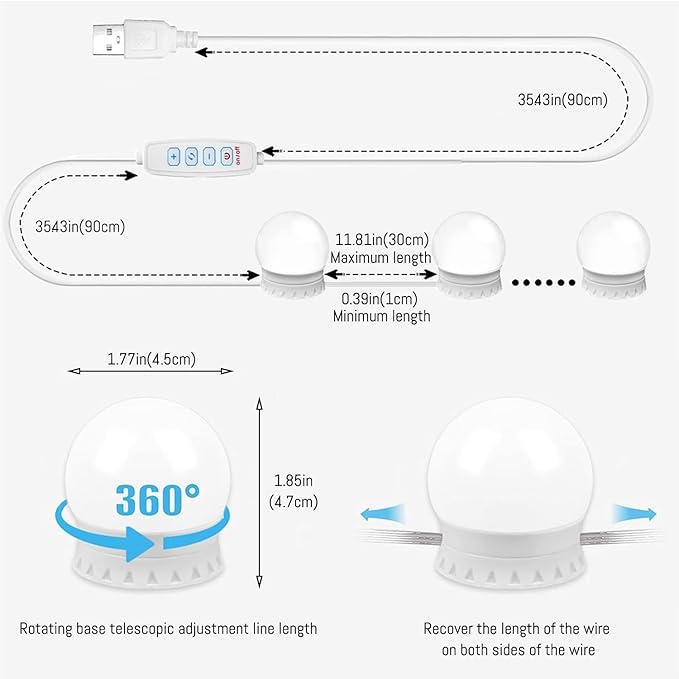 LED Vanity Lights for Mirror Hollywood Style USB Fill Light Adjustable Color and Brightness Mirrors Lights Stick on Makeup Table,Bathroom,Dressing Room (No Mirror Include) (14 Bulbs)