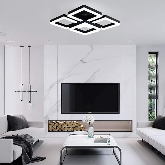 Garwarm Modern LED Ceiling Light, Black Flush Mount Light Fixtures,64W Ceiling Lamp for Living Room Bedroom Dining Room, 5 Square Metal Acrylic Surface Mount Chandelier Cool White 6000K