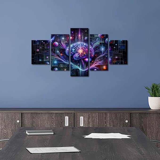 5 Panel Neural Network Wall Art for Bedroom Futuristic Technology Wall Decor for Living Room AI Print Artwork Canvas House Wall Decoration Framed Artwork for Walls 60" Wx32 H