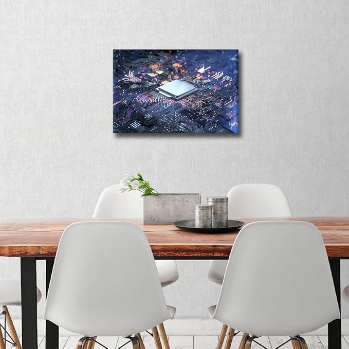 TUMOVO Wall Art for Living Room CPU Concept Canvas Wall Art Circuit Board Contemporary Wall Art Posters and Prints Glowing CPU Modern Artwork Ready to Hang for Bedroom Office, 18x12in