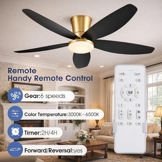 42" Ceiling Fans with Lights-Low Profile Ceiling Fan with Light and Remote/APP Control,Flush Mount Gold Ceiling Fan with Reversible Black Blades