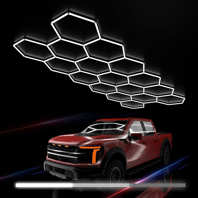Hexagon Garage Lights : 3 Level Dimmable 476W Tube 17 Grids Hexagon LED Lights - Easy Install 6500K Super Bright Hex Lights for Warehouse, Car Detailing Shop, Exhibition Hall, Gym