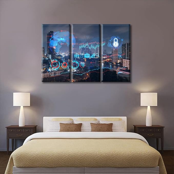 TUMOVO Data Concept Paintings Black and White Wall Art 3 Panels City Night Scene as Background Hologram Wall Decor for Bedroom Print on Canvas Framed Ready to Hang (60" Wx40 H)