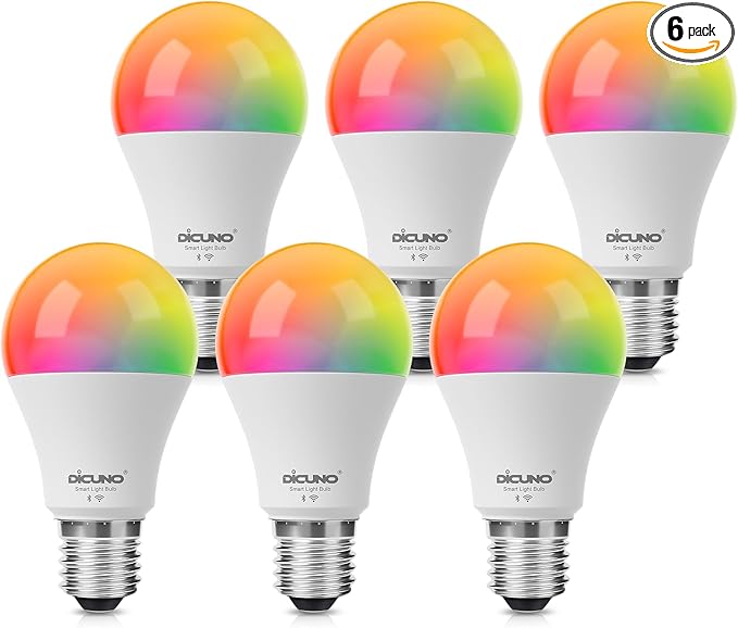 DiCUNO Smart Light Bulbs, Full Color Changing Bulb, Compatible with Alexa, Google Assistant, No Hub Required, RGBCW Multicolor Dimmable Smart LED WiFi Bluetooth A19 E26 9W 800LM Lights, 6-Pack