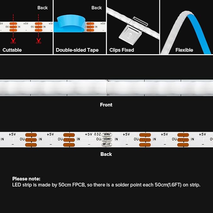 BTF-LIGHTING FCOB COB XGB1338(WS2812B) IC RGB 160LED/m 320IC LED Strip DC5V 6.5FT Individual Addressable Flexible High Density Uniform Light Dream Chasing Color 0.19in Width(NO Adapter or Controller)