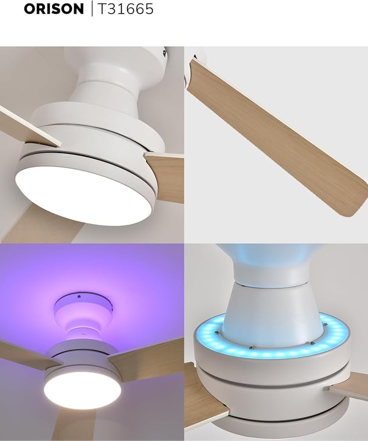 Orison 42-Inch Ceiling Fans with Lights, Low Profile, Flush Mount, Features RGB Backlight, Dimmable Lighting, 6 Speeds, 3 Reversible Blades, Remote and App Control, White