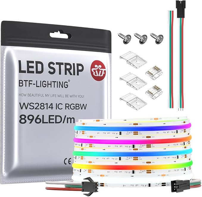 BTF-LIGHTING FCOB COB LED Strip WS2814 IC RGBW 6000K Flexible High Density Color Chasing Uniform Light 16.4FT DC24V 896LED/m 16IC/m 12mm Width for Home DIY Lighting Projects(No Adapter or Controller)