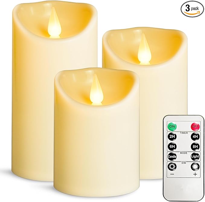 LEOSAN Led Flameless Candles Outdoor Indoor Battery Operated Flickering Candles with Remote Timers Won't Melt Ivory Plastic Dia 3" x H 4" 5" 6" for Halloween, Party, Valentine's Day, Wedding 3 pcs