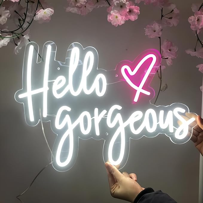 Hello Gorgeous LED Neon Signs for Wall Decor Neon Wall Art Acrylic LED Lights with Hanging Chain Light Up for Bedroom Decor Graduation Bar Pub Wedding Party 5V USB Powered Dimmable