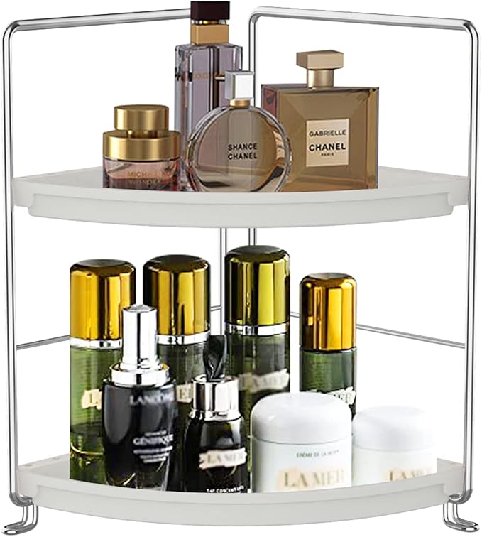 2-Tier Corner Bathroom Sink Countertop Organizer-Vanity Tray Cosmetic & Makeup Storage-Kitchen Spice Rack Standing Shelf,Perfect Storage Shelf for Bathroom,Bedroom,Kitchen,Vanity,Silver