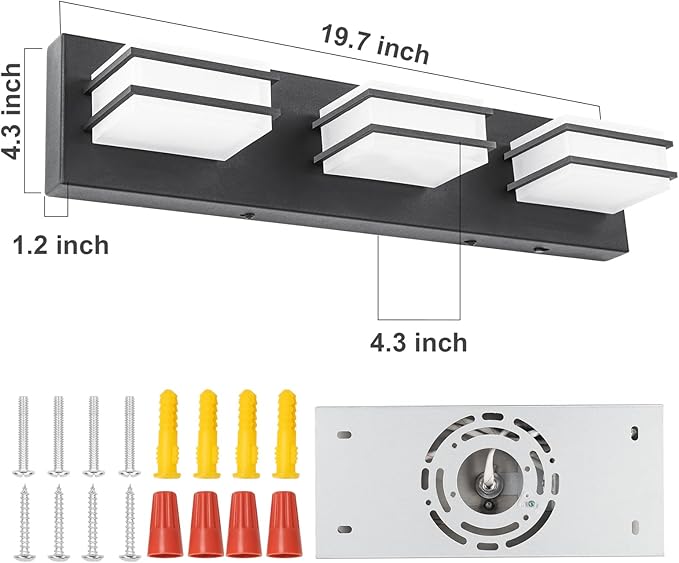 3 Color Temperature Dimmable Bathroom Light Fixtures Over Mirror, LED Black 3 Light Vanity Lighting Fixtures, Acrylic Stainless Steel Square Shade Vanity Lights for Bathroom, ETL Certificated