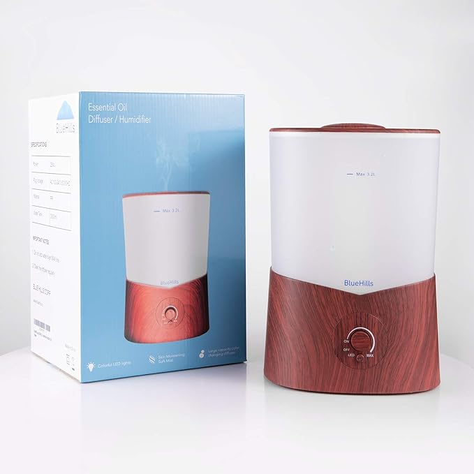 BlueHills Premium 3000 ML Set of 2 Extra Large Essential Oils Diffusers for Big Rooms High Mist Output XL Capacity Adjustable Cool Mist Great Gift – Value Pack of 2 Dark Wood Grain and White