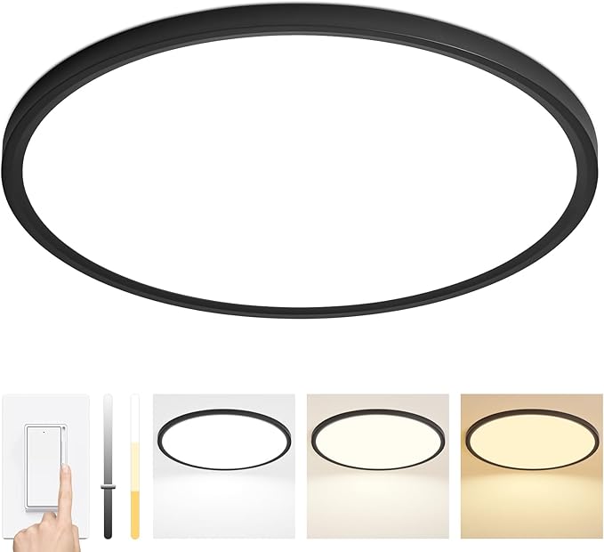 24 Inch LED Flush Mount Ceiling Light Fixture,Dimmable Ultra Thin Low Profile,48W 4800 Lumens,3 CCT Color Selectable,Modern Round Black Ceiling Light for Living Room,Bedroom,Kitchen,Office