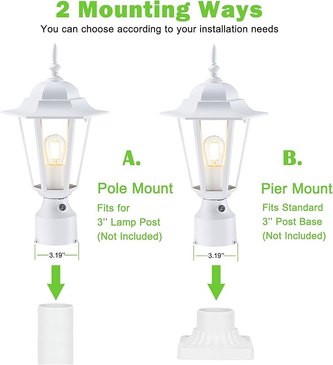 Dusk to Dawn Outdoor Post Light, Pole Lantern, Waterproof Die-Cast Aluminum Pole Light Fixture with Glass, Exterior Post Lamp for Garden Yard Patio Pathway, Matte White, 2-Pack