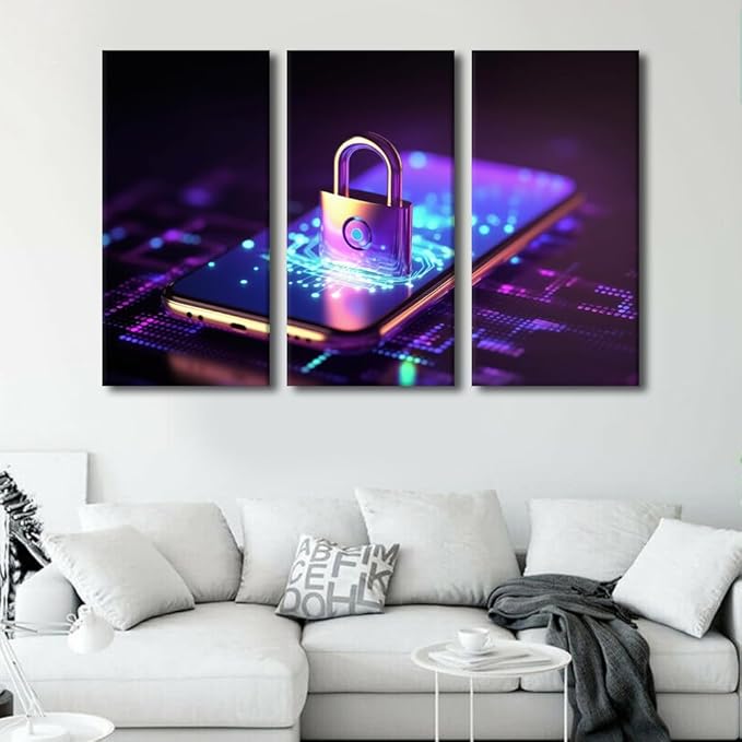 3 Panels Padlock Hologram Wall Art ProtectingBusiness and Financial Data with Innovation Technology Posters Print on Canvas for Living Room Bedroom Wall Decoration, Ready to Hang, 60" Wx40 H