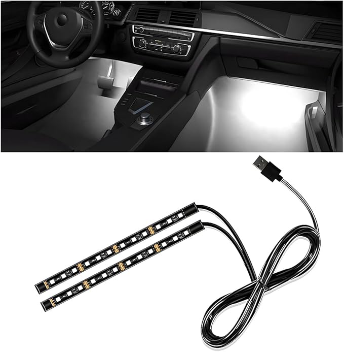 Car Interior LED Strip Light, 12V 24 LED Waterproof Neon Ambient Night Light with USB Port, Automotive Atmosphere Decorative Under Dash Lighting Kit, Car Accessories (White)
