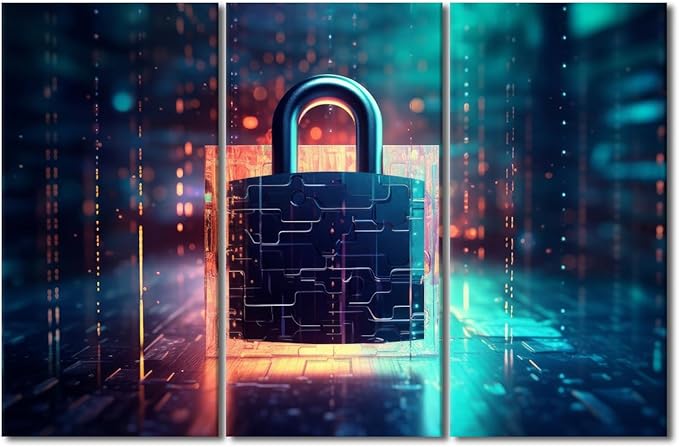 TUMOVO 3 Panel Cyber Security and Data Protection Concept Pictures Print On Canvas for Home Office Hotel Wall Decorations, Internet Security Artwork Stretched Framed Ready to Hang, 60" Wx40 H