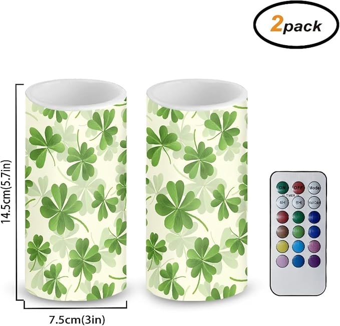 St Patricks Day Candles Battery Operated Flameless Candles with Remote Fall Decorations LED Fake Candles for Home Bedroom Irish Lucky Day Leaves Table Decor 3 inch Set of 2