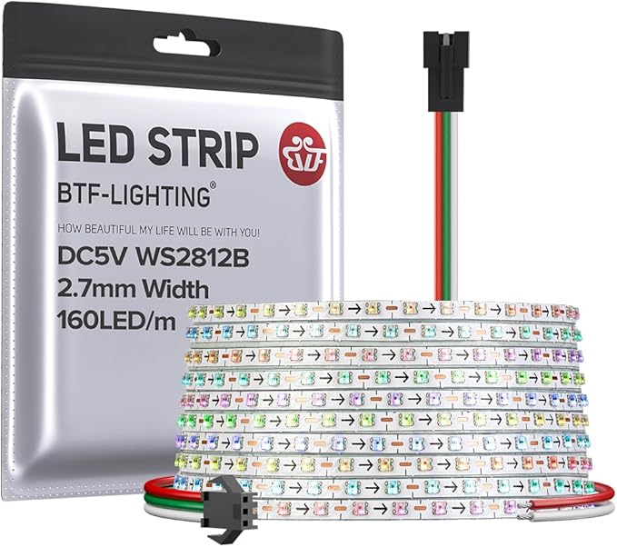 BTF-LIGHTING WS2812B IC RGB 2.7mm Ultra Narrow LED Strip 0807SMD DC5V Individually Addressable 16.4FT 160Pixels/m 800LED Dream Color Tape Light for Home DIY Decoration IP30 (No Adapter or Controller)