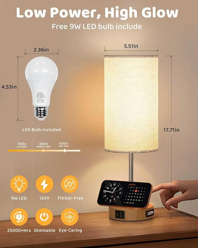 2026 Latest Bedside Table Lamp for Bedroom, 3 Way Dimmable Touch Lamp with Retractable Cable, USB-C & USB A Ports and AC Outlet, Phone Stand, Flaxen Fabric Shade for Nightstand Desk, LED Bulb Included