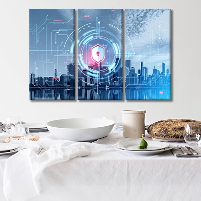 3 Panel Digital Cybersecurity Concept Wall Art Internet Security and Global Protection Pictures Print On Canvas for Hotel Home Wall Decora,Posters and Prints Framed Ready to Hang, 20x40inchx3
