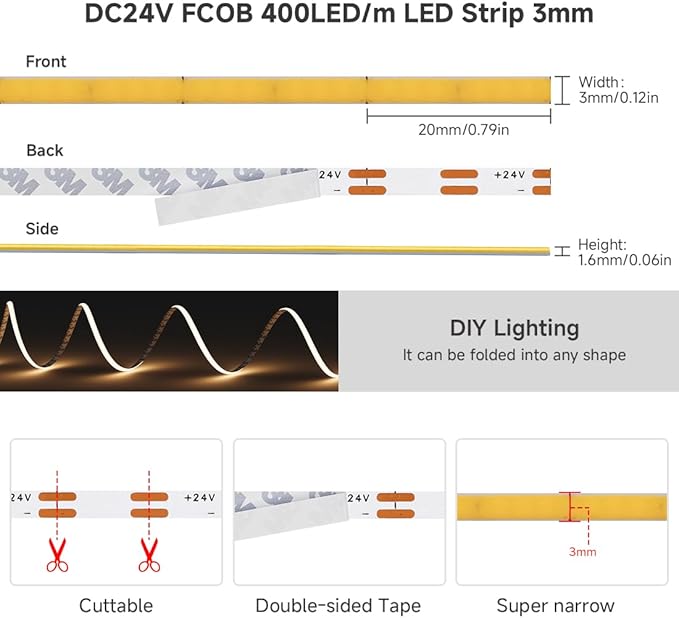 BTF-LIGHTING FCOB COB 3mm Width UL Listed Super Narrow Flexible Uniform LED Strip Light 16.4FT DC24V 4000K CRI 90+ Dimmable LED Ribbon for Kitchen Home Indoor Decor(No Adapter or Controller)