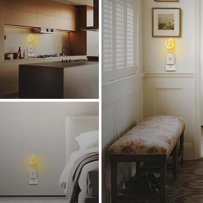 Vintage Farmhouse Filament LED Night Light Plug-in, Dusk-to-Dawn & Motion Sensor, 10-100LM Dimmable, Ultra Warm White 2200K, for Bathroom, Bedroom, Hallway, 1 Pack