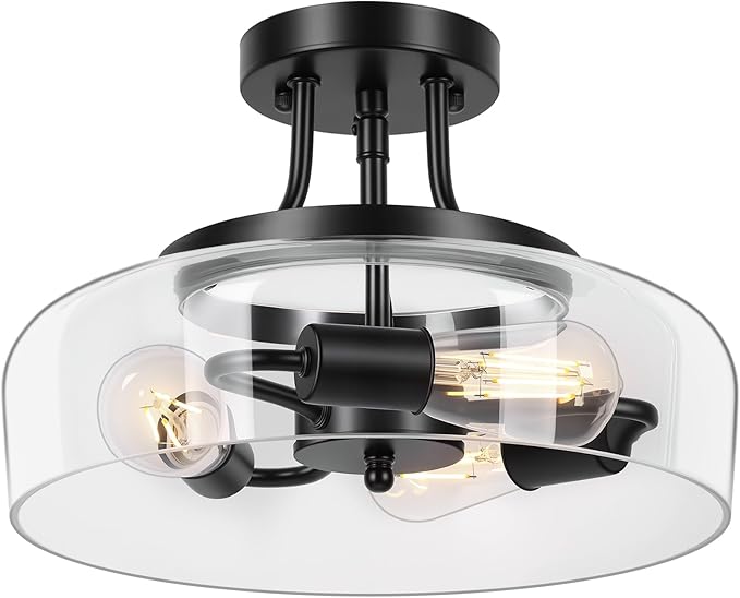 Modern Industrial Semi Flush Mount Ceiling Light with Clear Glass Shade, 3-Bulb Black Ceiling Light Fixture for Kitchen Bedroom Living Room Porch Hallway Entryway, E26 Socket, Bulbs Not Included