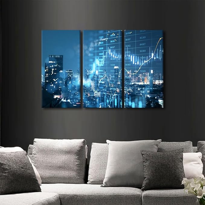 Rebotipy Smart City 3 Panels Wall Art Modern Abstract Poster Decor Big Data Forex Candlestick Chart Picture Printing for City Backdrop Living Room Decor Stretched and Framed Ready to Hang 24" Wx36 H