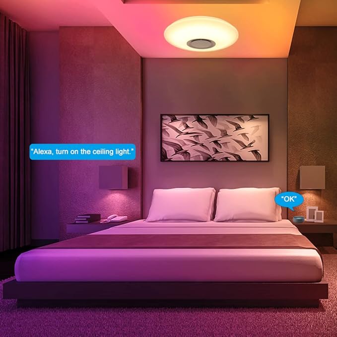 HOREVO Ceiling Lights with Bluetooth Speaker, 15 inch Smart Ceiling Lamp Compatible with Alexa and Google Home,Room Light for Bedroom, Living Room