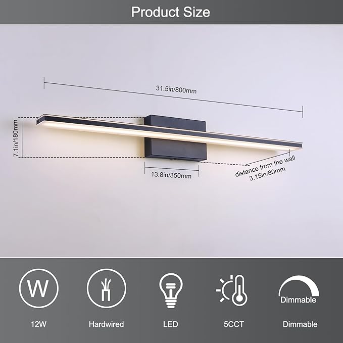 LED Modern Bathroom Vanity Light Dimmable 5CCT Bathroom Light Fixture Over Mirror, Black Bar Vanity Light for Bathroom Mirror Restroom(31.5 inch, 24W)