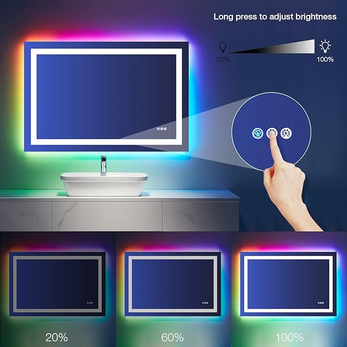 LOAAO 48"X32" LED Bathroom Mirror with Lights, Anti-Fog, Dimmable, RGB Backlit + Front Lighted, Bathroom Vanity Mirror for Wall, Memory Function