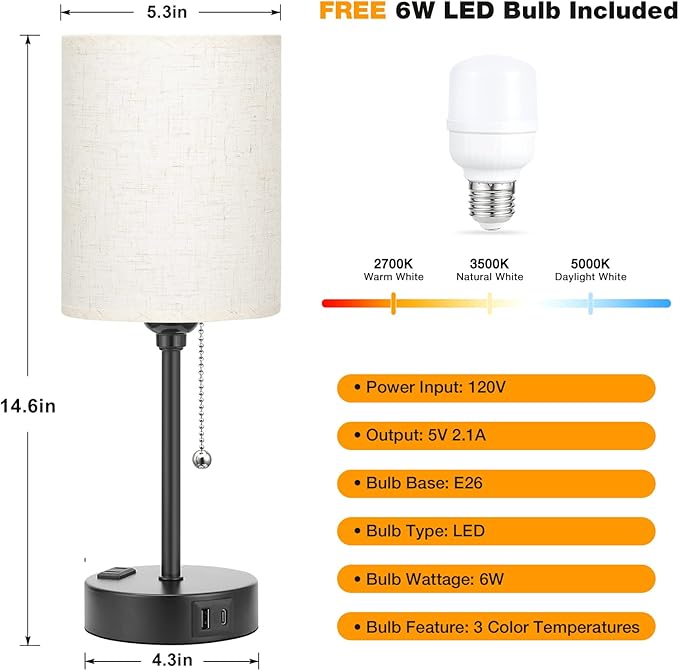 Small Bedside Lamps 3 Color Modes - Off White 3000K 4000K 5000K Bedroom Lamps with USB C and A Ports, Pull Chain Table Lamps with AC Outlet, Nightstand Lamps with Black Metal Base for Kids Reading