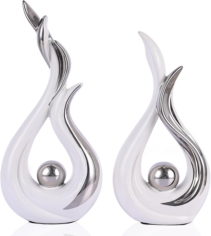 White and Silver Abstract Ceramic Sculptures 2 Set,Modern Home Decor Dining Table Objects,Silver Room Decor for Coffee Table, Shelf, Dining Room, Kitchen, Tv Stand, Entryway Or Desktop Display