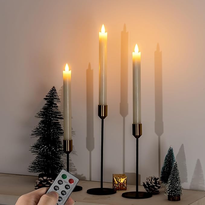 Homemory Waxy Flameless Taper Candles with Remote Timer Dimmer, LED Candlesticks Flickering, Battery Operated Window Candles, 9.6 Inches for Christmas Wedding Celebration Decor, Ivory, 6 Pcs