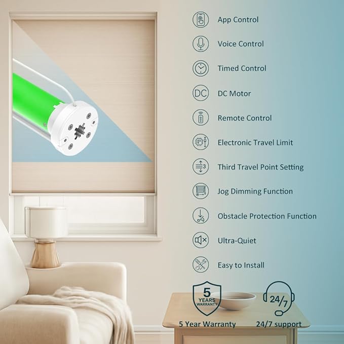 Smart WiFi Roller Shade Motor for 1.5" (38mm) Tube, Tuya App Alexa Voice Control No Hub Needed, 1.1Nm/2Nm Electric Blind Motor Retrofit Kit, RF Remote & Schedule Timer (2.0N.m Torque for 25rpm)