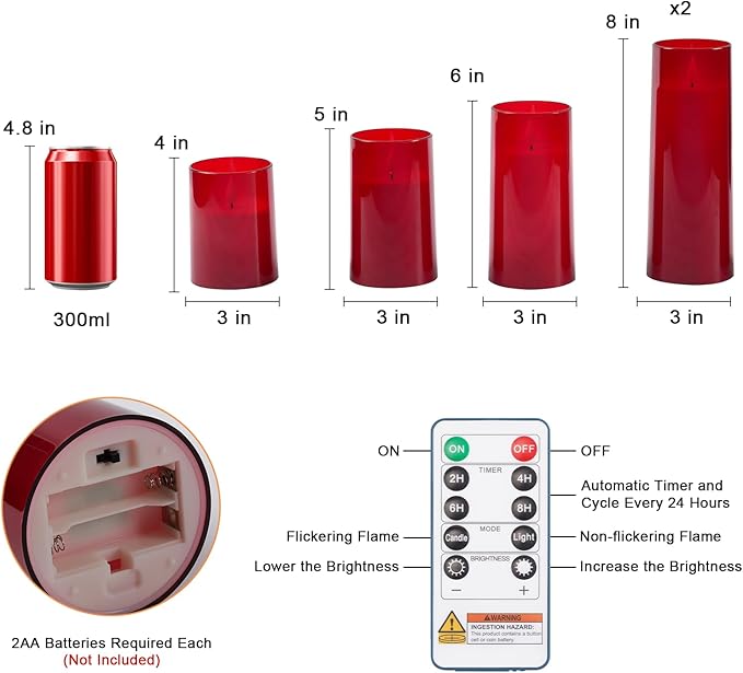 Raycare Flameless Candles Battery Operated with Remote Timer, Acrylic Flickering LED Pillar Candle for Valentine's Day Decoration, Home Decor, Gift for Family and Friend, Red, Set of 5