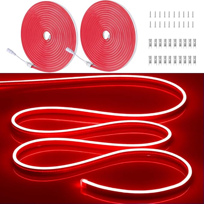 32.8FT/2PCS/10M Red LED Strip Lights - Flexible, Waterproof Neon Rope Lights for Indoor & Outdoor Decoration with Complete Installation Kit [Adapter Not Included