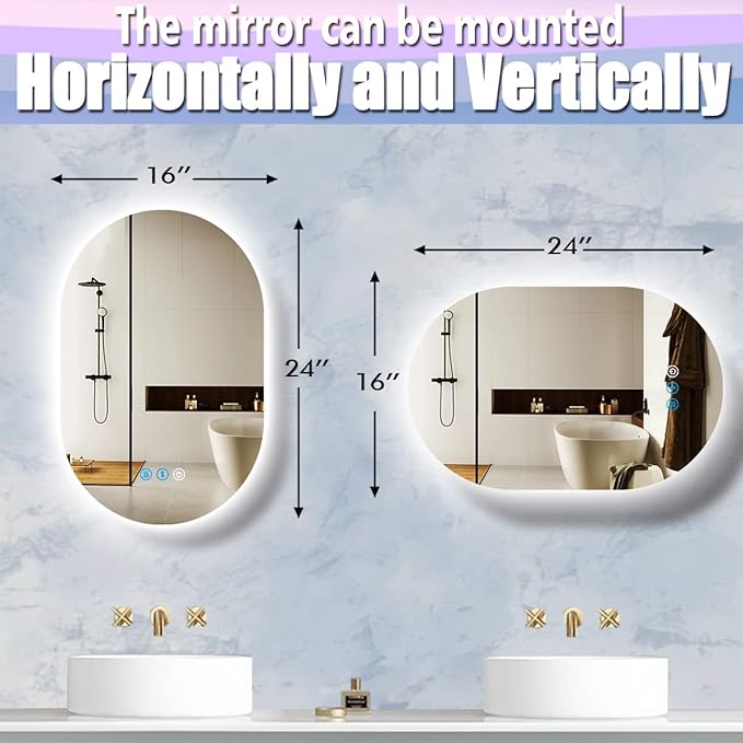 16" X 24" Backlit Oval Bathroom Vanity Mirror with Lights Oval Lighted Mirror for Bathroom Anti Fog 3 Color Dimmable Wall Mounted Frameless Backlit Light up Smart Ovals LED Bathroom Mirrors