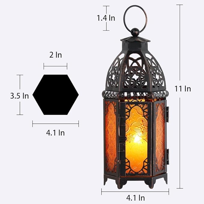 DECORKEY Set of 2 Moroccan Lanterns Decorative Indoor & Outdoor, 11’’ Medium Size Vintage Metal Hanging&Tabletop Candle Holder Decor, Halloween Christmas Ramadan Decorations for Home (Amber)