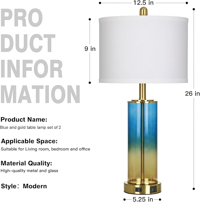 26" Blue and Gold Glass Lamps Set of 2, 3-Way Dimmable Touch Coastal Bedroom Table Lamp with USB C+A Ports & AC Outlet, Elegant Brass Living Room Lamp, Nautical Bedside Lamps for Night Stands