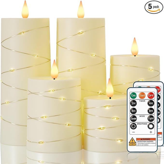 Raycare Flameless Candles with Remote Timer, Flickering Battery Operated LED Pillar Fake Candle with String Lights for Home Decor, Christmas, Wedding and Gift, Ivory, Set of 5