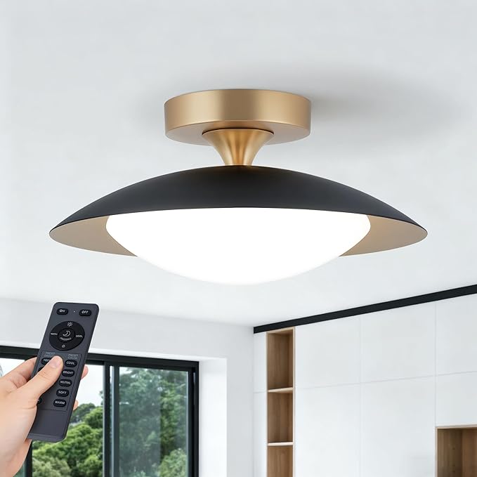 FTL Modern LED Flush Mount Ceiling Light with Remote Dimmable 5CCT 2700K-6500K Mid Century Black Semi Flush Mount Ceiling Lights 11.8in Close to Ceiling Light Fixture for Kitchen Hallway Laundry Room