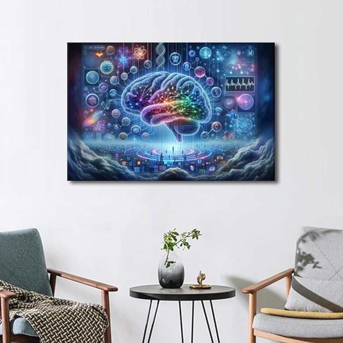 Digital Brain in Colour Background Painting Artwork Neural Network Pictures for Living Room Wall Decoration Artificial Intelligence Canvas Printing Wall Art Wall Decor for Bedroom 24"Wx36"Hx1 Panel