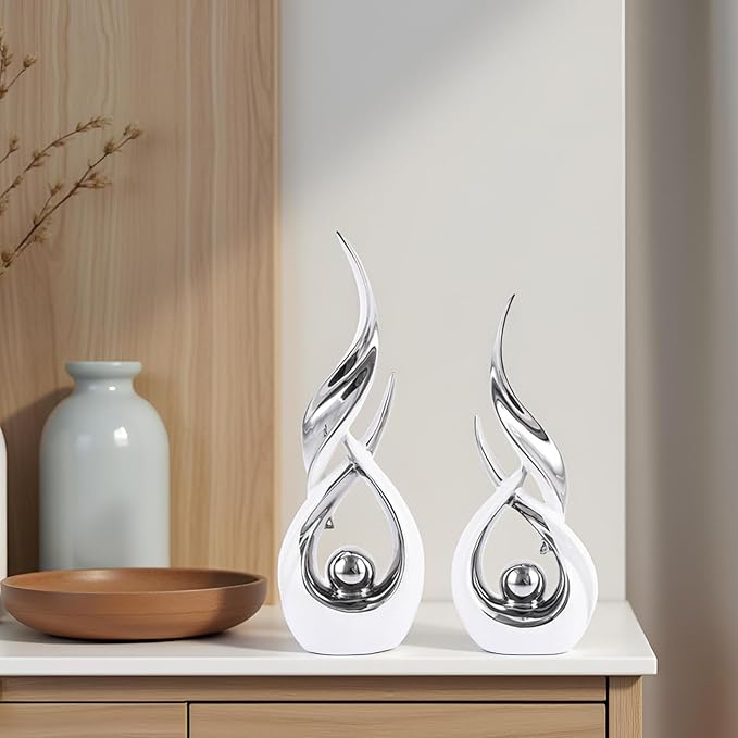 Gold Ceramic Abstract 2 Piece Statue Set,Mid Century Modern Abstract Art Home Decor Statue Mantelpiece on Unique Shelf Decor, TV Cabinet Divider Table top and Dining Table Centerpiece (White Silver)