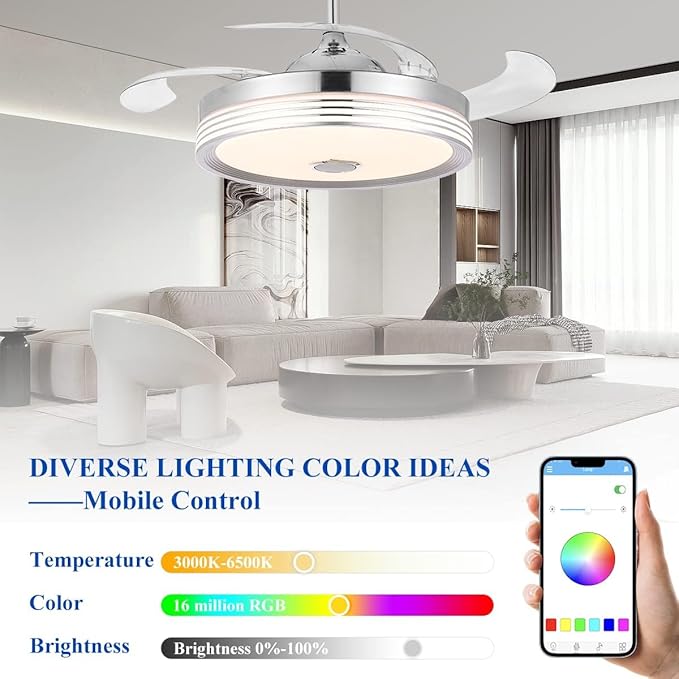 42 inch Retractable Ceiling Fan with Lights and Remote Control, 6Speed Dimmable Fandelier, Modern Smart Ceiling Fan Light with Bluetooth Speaker, RGB Color Reversible Bedroom Living Room