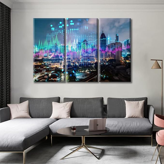 TUMOVO Stock Market Graph Hologram Night Panorama City View Pictures Wall Decor Living Room 3 Piece Artwork Contemporary Home Decor Posters and Prints Framed Ready to Hang (60" Wx40 H)