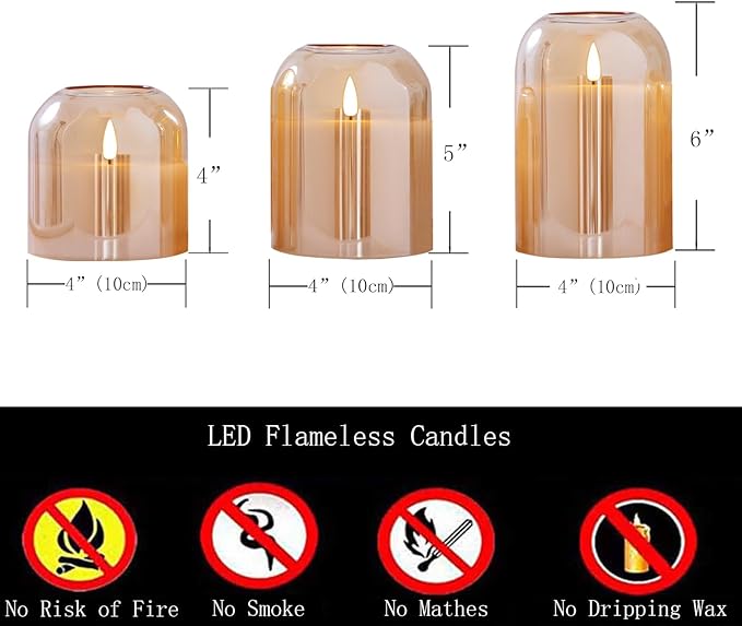 Gold Glass Flameless Candles with Remote Battery Operated Flickering LED Pillar Candles Real Wax 3D Wick Φ 4" H 4" 5" 6"