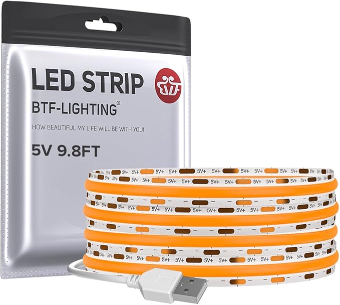 BTF-LIGHTING FCOB USB Powered Orange Color COB LED Strip Lights 9.8FT 960LEDs 5V 8mm Width 90+ High CRI Ultra Bright Flexible Light for TV Backlight Display Cabinet PC DIY Decor