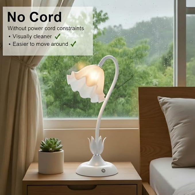 Cordless Flower Table Lamp White, Valentine‘s Gift, 5200-mAh Rechargeable Touch Lamp, 3-Way Dimmable, Build-in Integrated LED 320 Lumen Max, for Nightstand Bedroom Living Room
